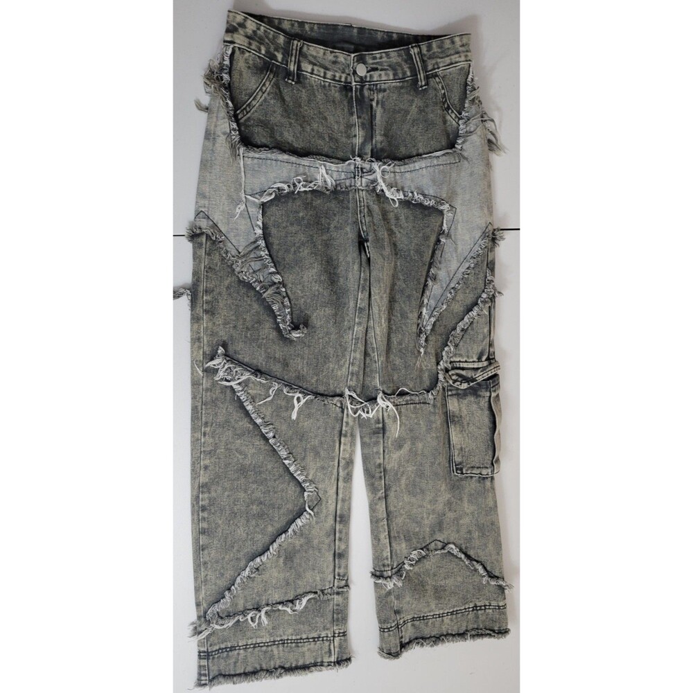 Romwe Grunge Punk Raw Trim Flap Pocket Side Cargo Jeans Size Medium Wide Leg
